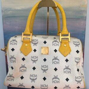 MCM Vintage White & Yellow Boston Satchel with Crossbody Strap w/dust bag.